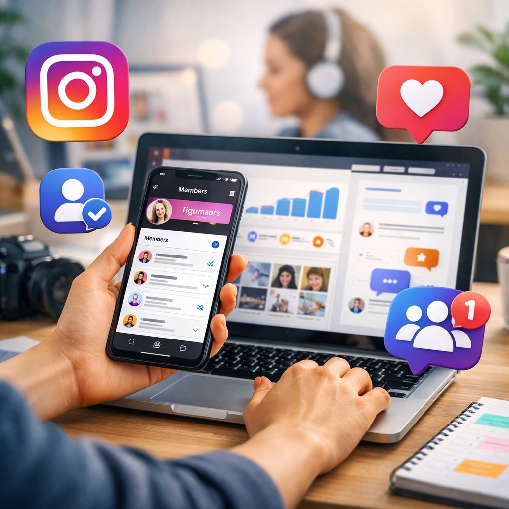 Creador de contenido revisando un canal de difusión de Instagram con una comunidad activa