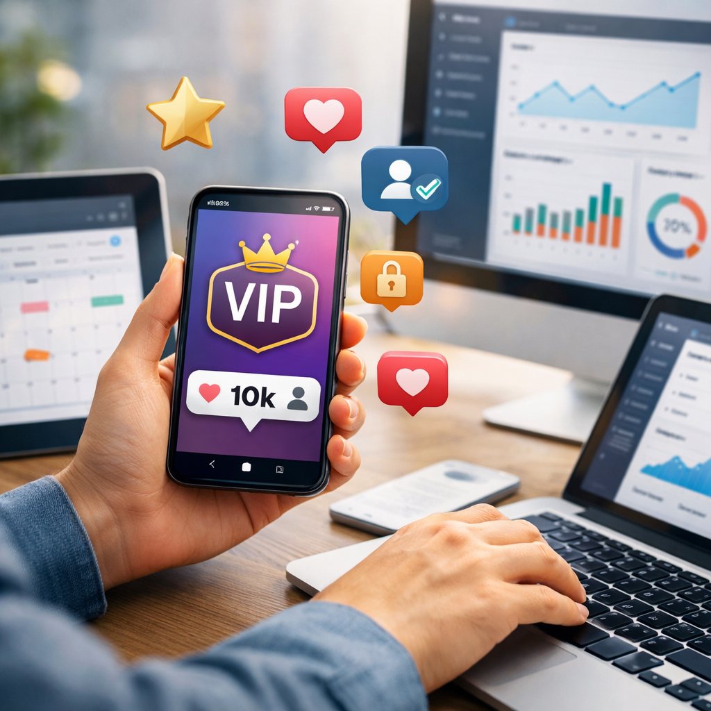 Persona che valuta la crescita di un profilo Instagram su smartphone e laptop in un contesto professionale.