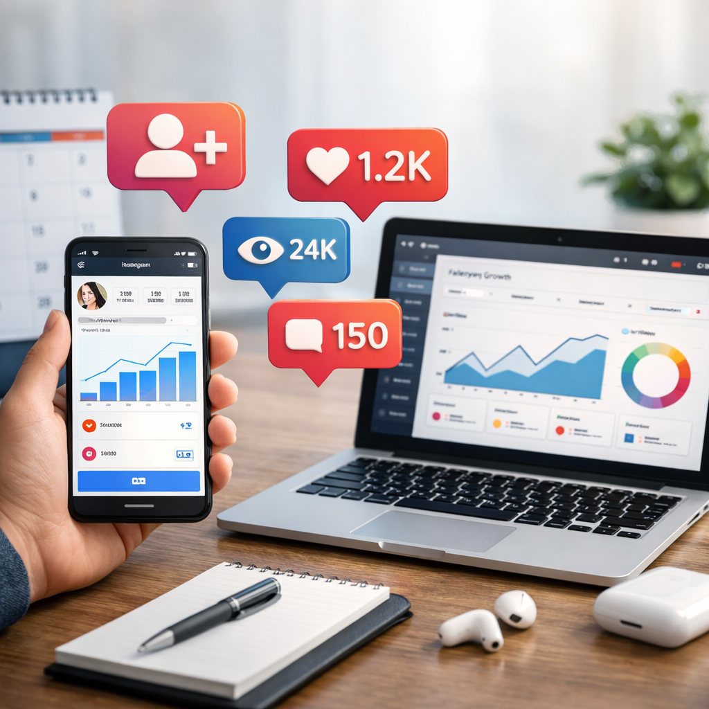Editorial workspace image showing an Instagram-style profile dashboard with followers, likes, views, and comments icons.