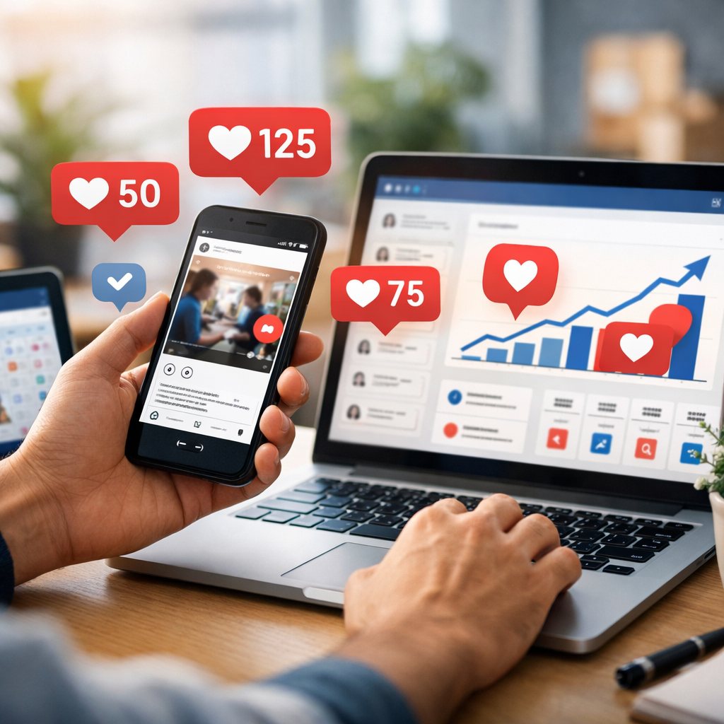 Criador de conteúdo analisando estratégias para impulsionar publicações no Instagram com apoio de curtidas