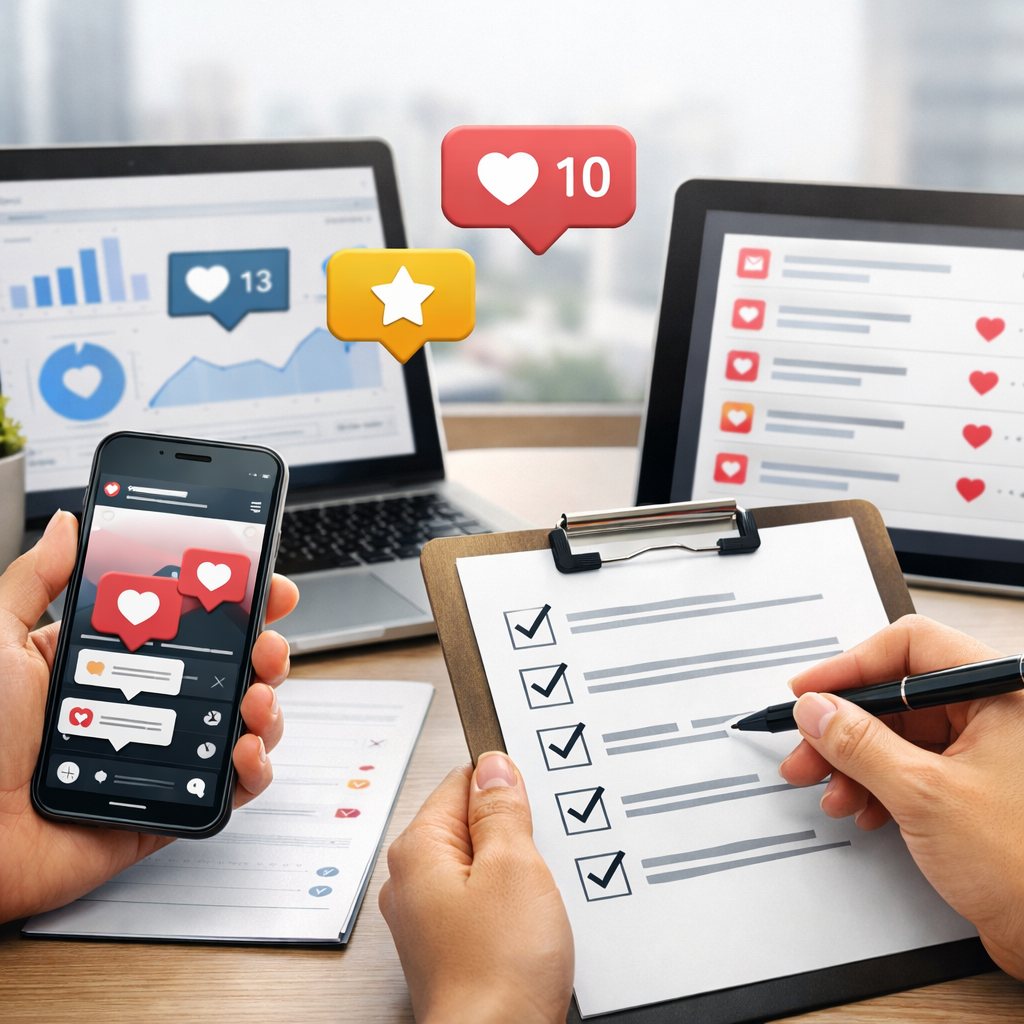 Marketing-Workspace mit Checkliste für personalisierte Instagram-Kommentare