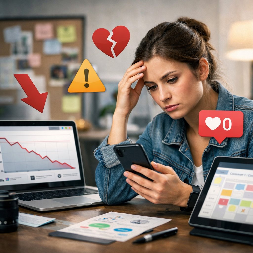 Editorial image showing common Instagram growth mistakes with a profile dashboard, checklist, and analytics visuals.