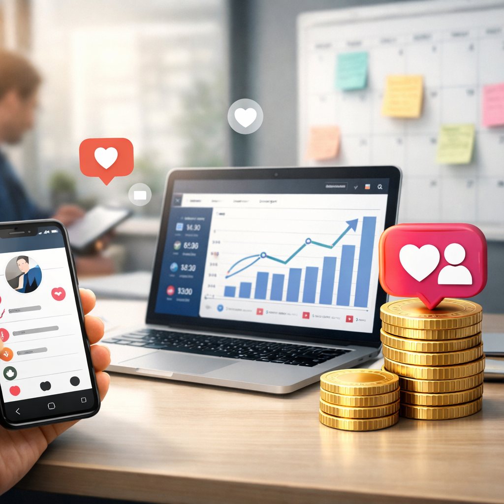 Illustration d’une FAQ sur les services de croissance Instagram avec tableau de bord et icônes de réseaux sociaux.