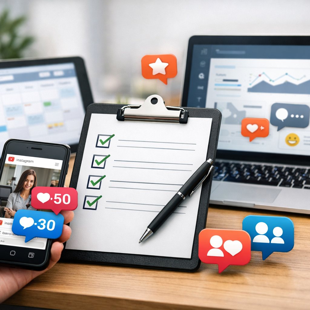 Persona revisando una checklist para comprar comentarios personalizados en Instagram antes de publicar