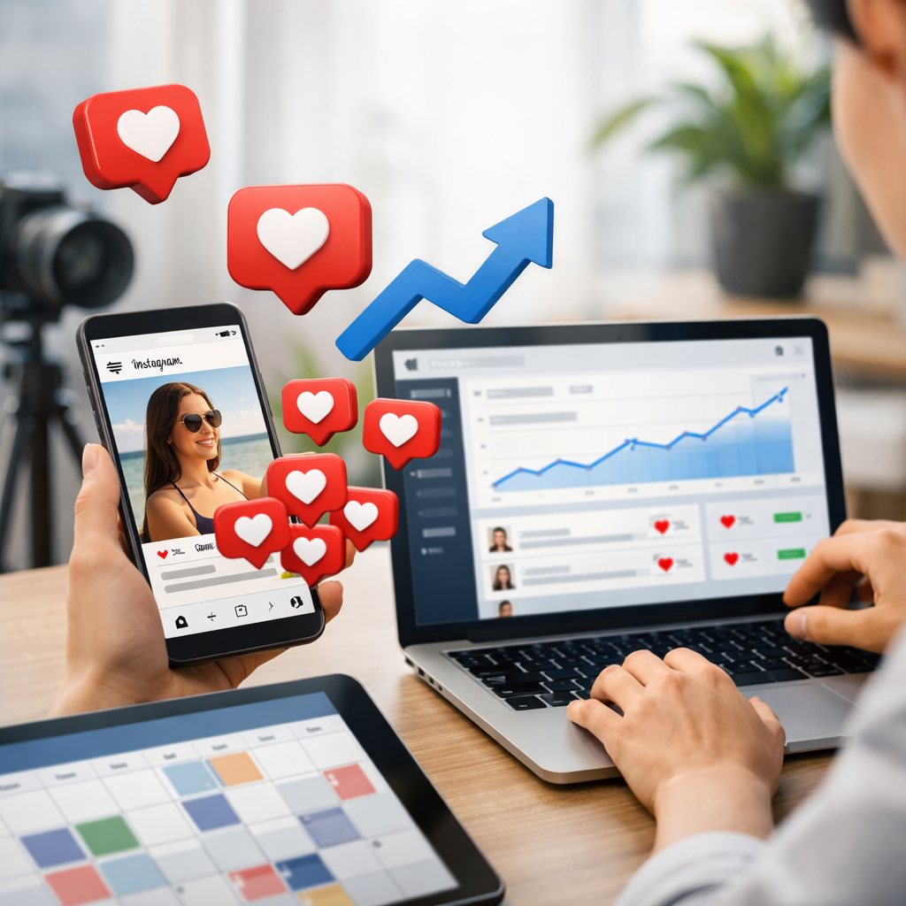 Creador de contenido analizando una publicación de Instagram con apoyo de likes.
