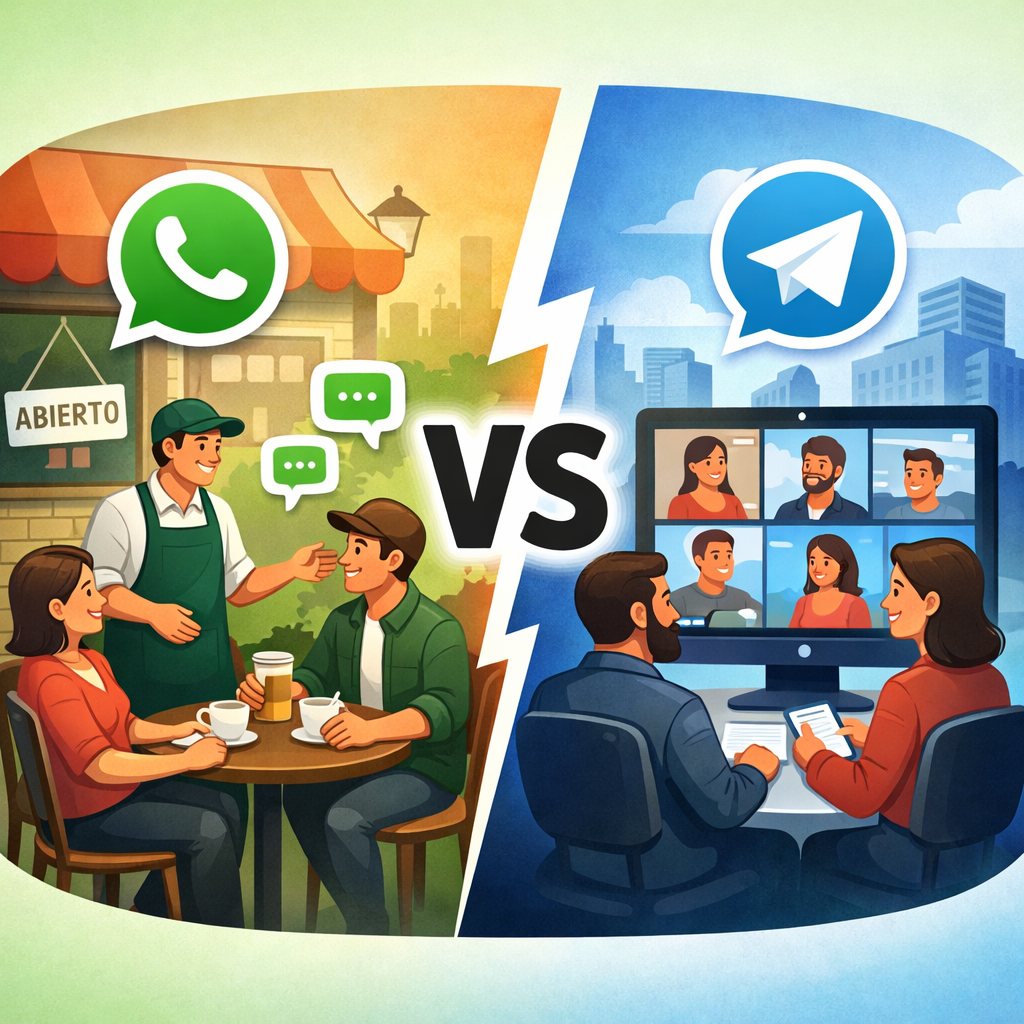 Comparación visual entre WhatsApp y Telegram para comunidades de negocios locales