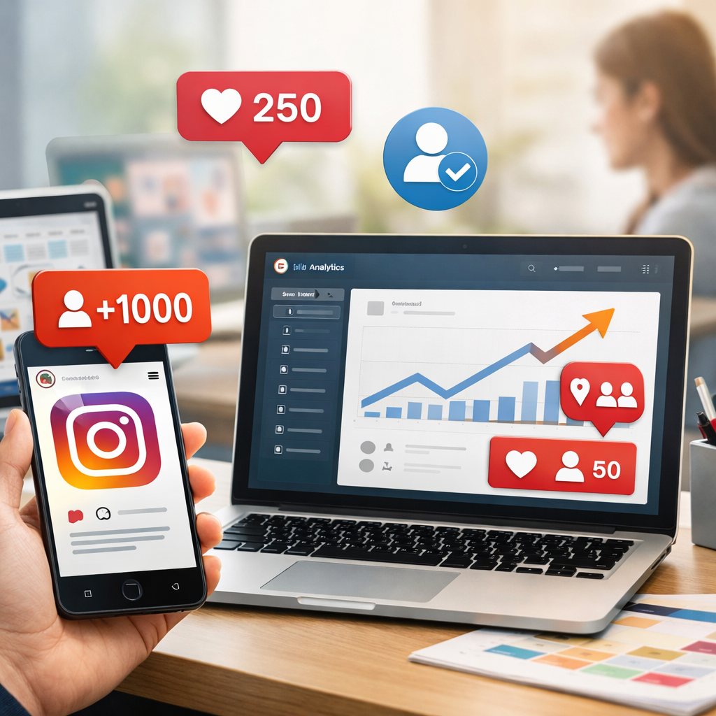 Guía visual sobre dudas de servicios de crecimiento para Instagram con móvil y métricas sociales.