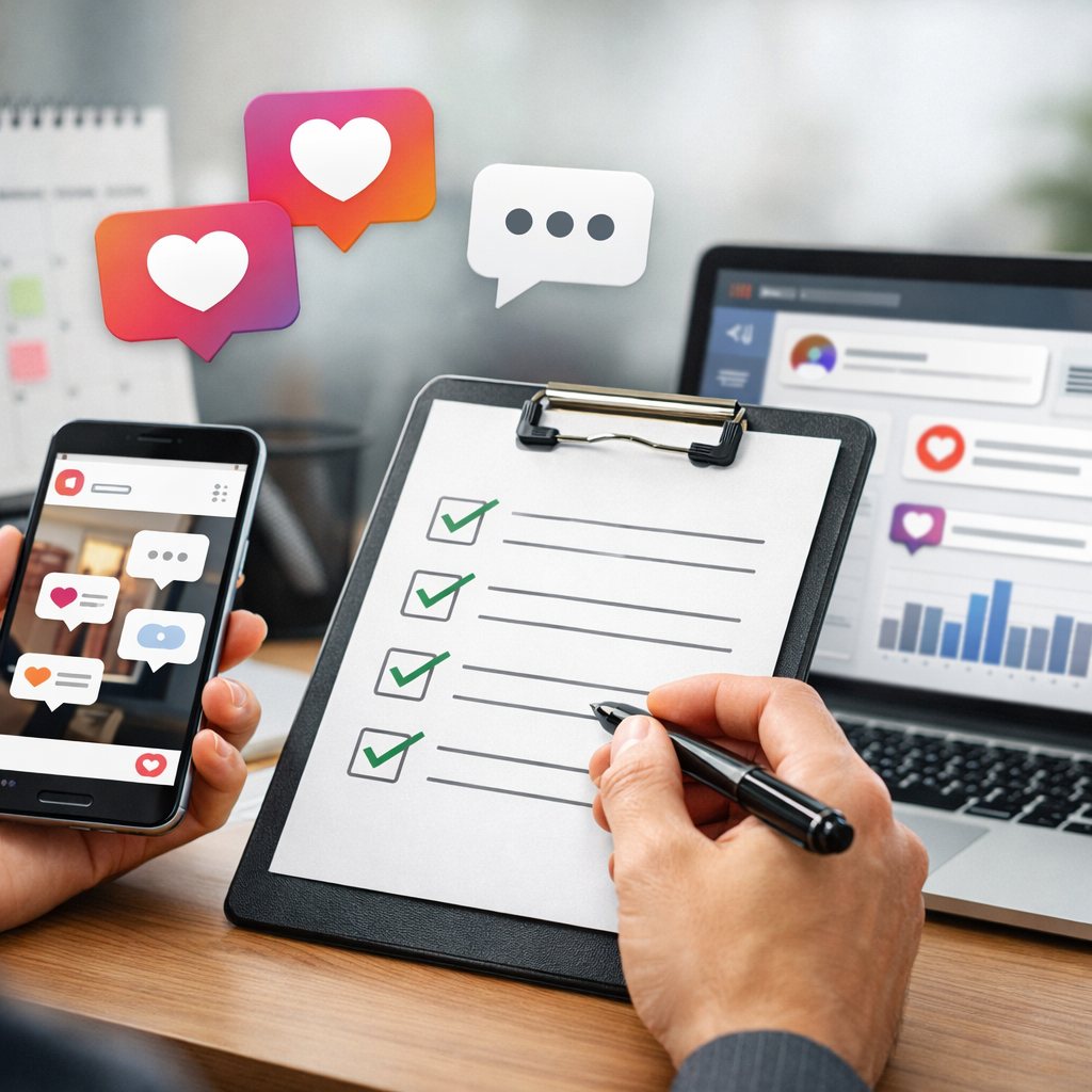 Stratega social che prepara una checklist per commenti personalizzati su Instagram