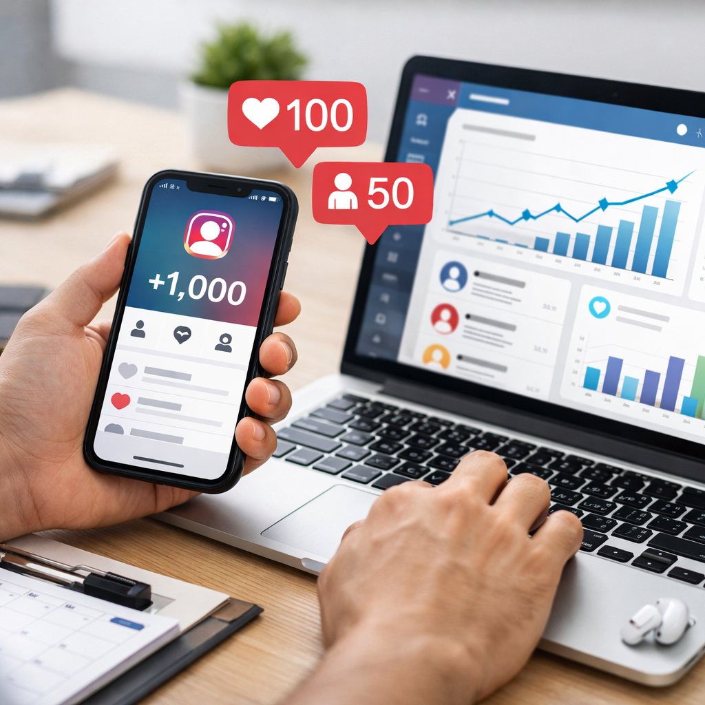 Créateur analysant la crédibilité d’un profil Instagram sur ordinateur et smartphone