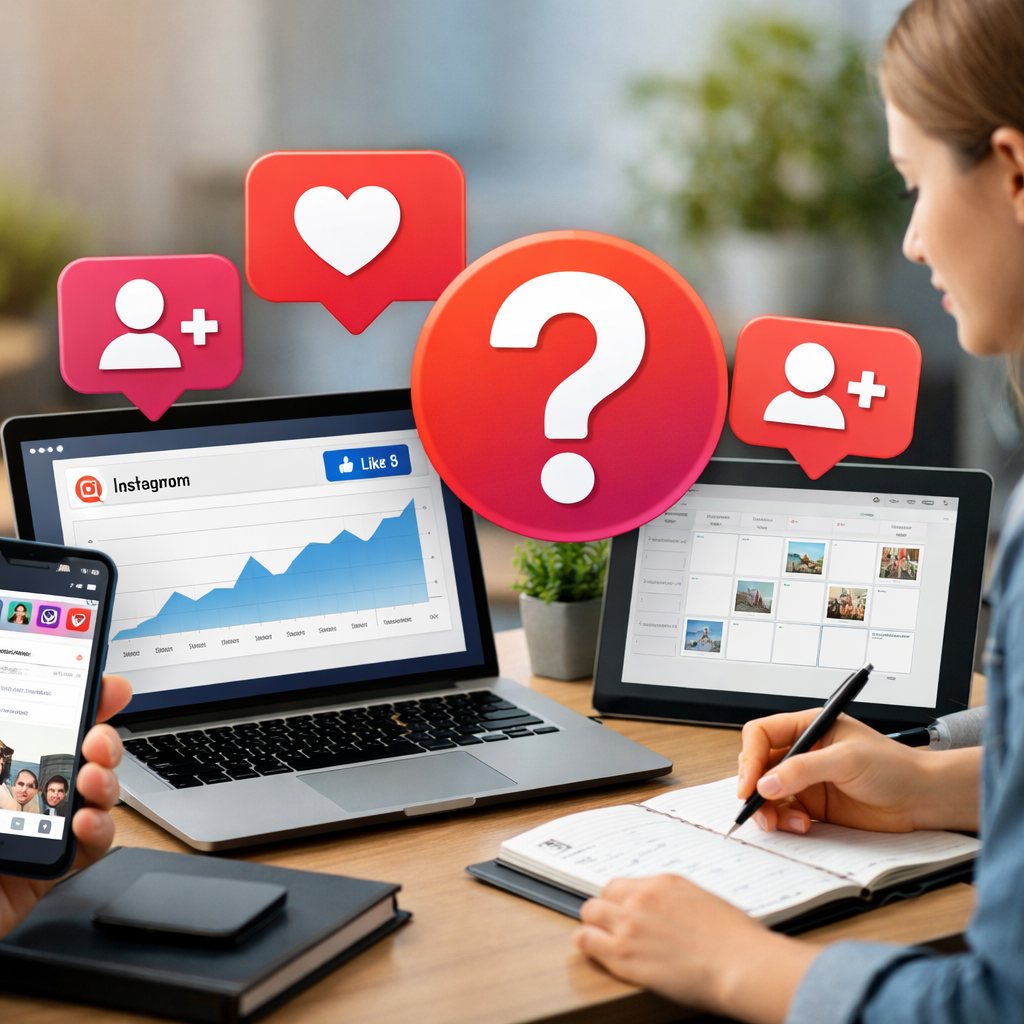 Illustration zu häufigen Fragen über Instagram-Wachstumsservices mit Follower-, Like- und View-Symbolen