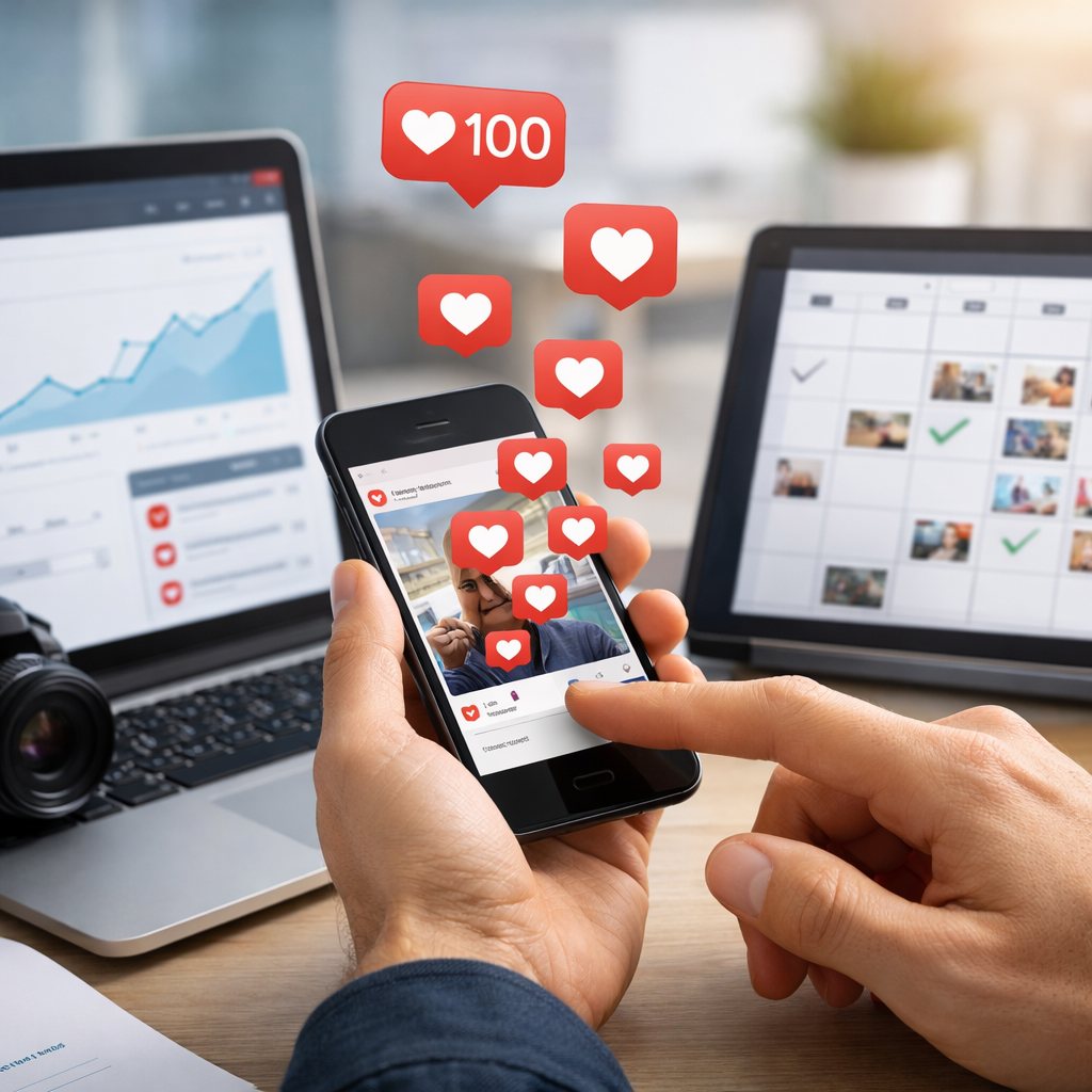 Creator che analizza un post Instagram e la sua performance su smartphone e laptop