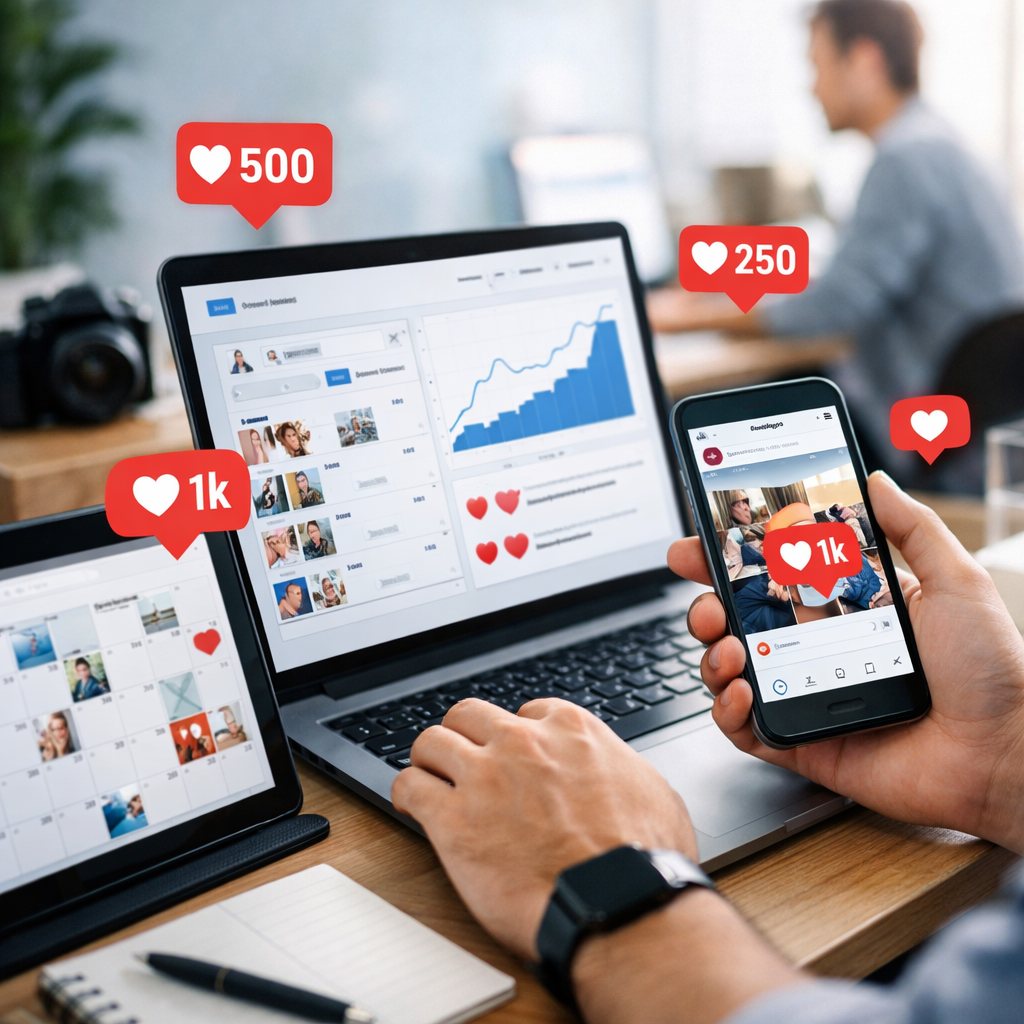 Creator planning an Instagram post with engagement analytics on a clean digital dashboard
