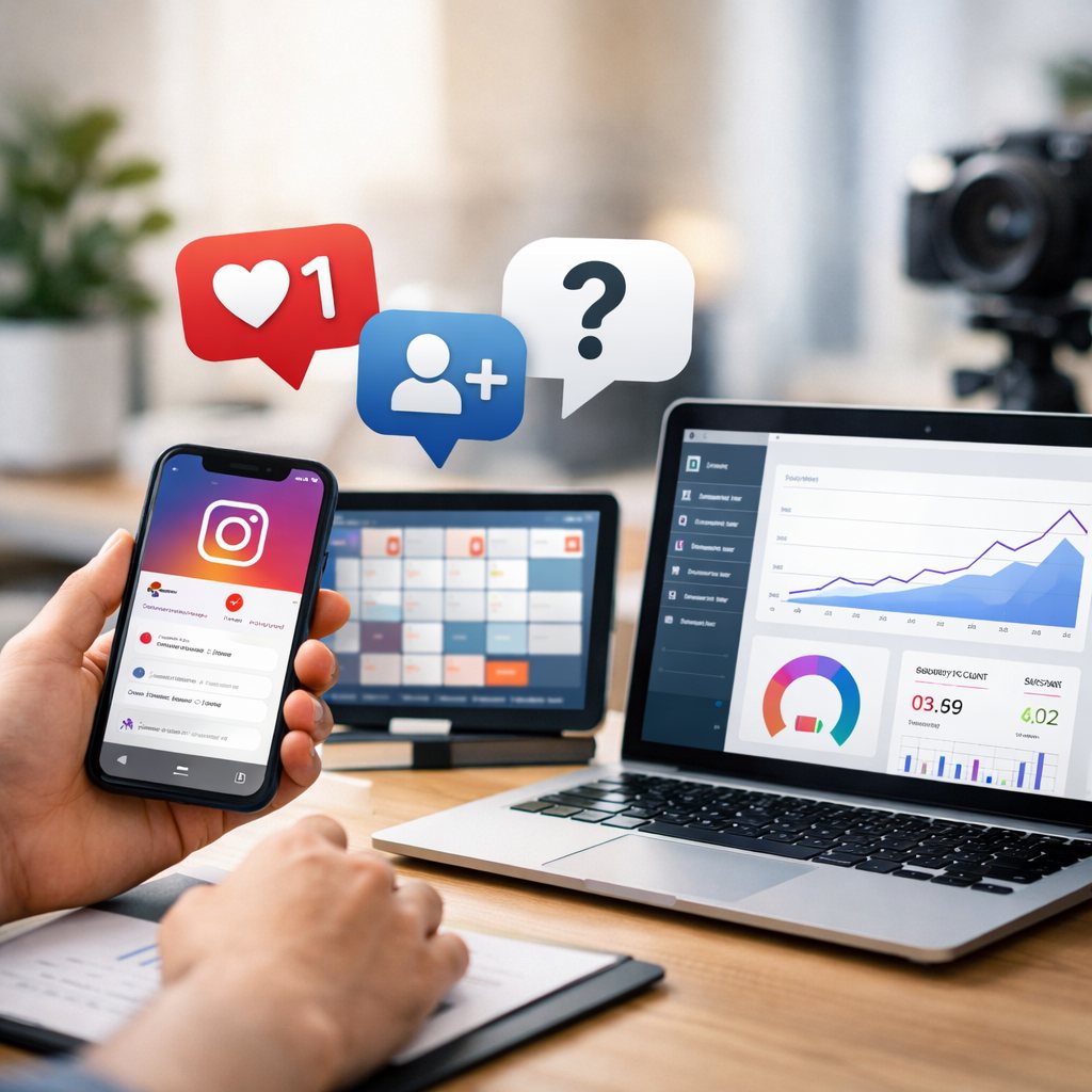 Grafica editoriale su servizi di crescita Instagram con smartphone e indicatori di follower, like e visualizzazioni.