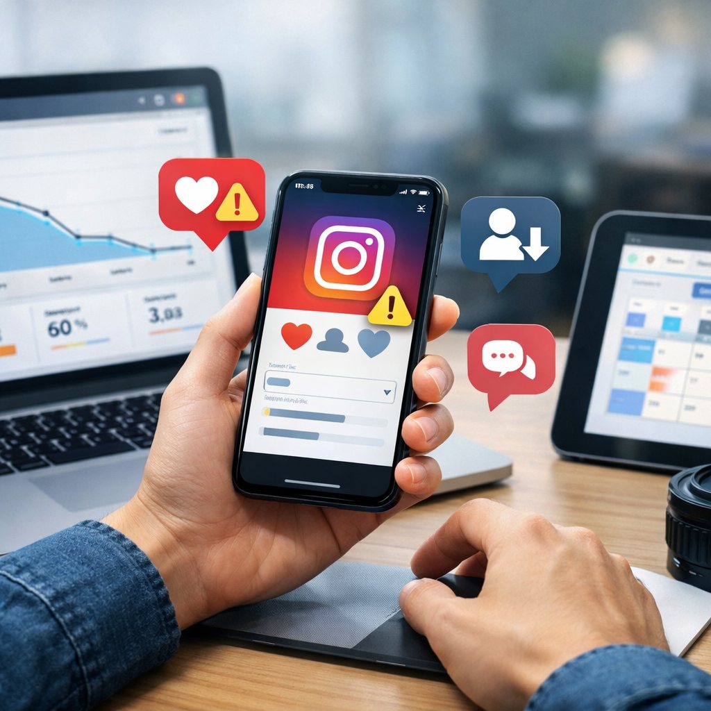 Illustration zu häufigen Fehlern beim Instagram-Wachstum mit Profilanalyse und Strategie-Notizen